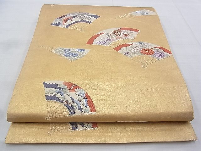 平和屋着物◎太鼓柄袋帯 唐織 扇面琳派花鳥文 金糸 逸品 BAAG9680if