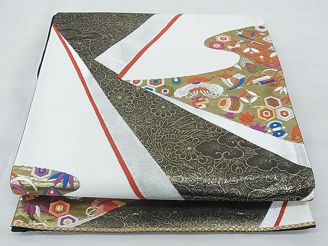 平和屋着物◎六通柄袋帯 唐織 宝尽くし文様 黒地 金銀糸 逸品 BAAG6429xa