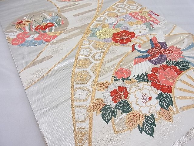 平和屋着物◎六通柄袋帯 唐織 扇面吉祥花鳥文 金糸 逸品 BAAG6267ea