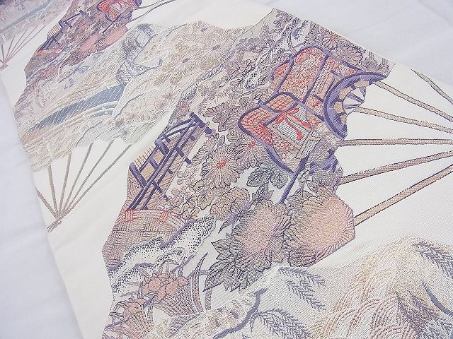 平和屋着物◎六通柄袋帯 唐織 扇面風景文 金糸 逸品 BAAH1304wk