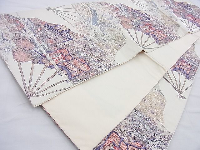平和屋着物◎六通柄袋帯 唐織 扇面風景文 金糸 逸品 BAAH1304wk