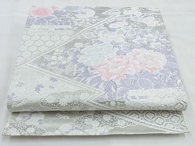 平和屋着物◎六通柄袋帯 唐織 松皮菱吉祥花文 九百錦 プラチナ箔 銀糸 逸品 BAAG6501xa