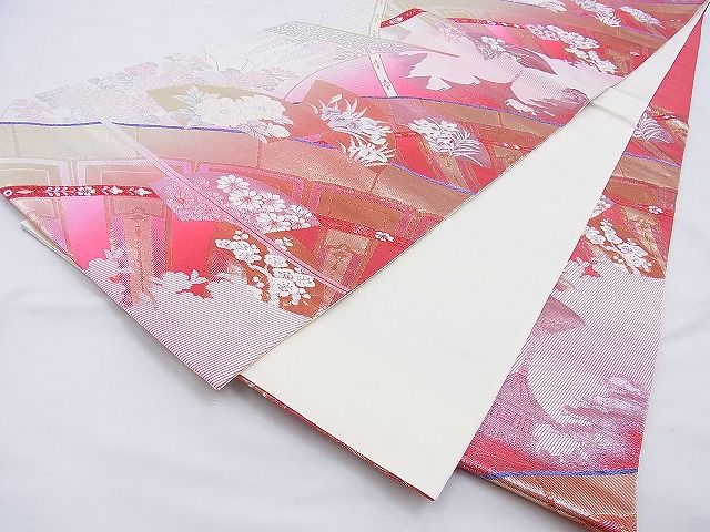 平和屋着物◎六通柄袋帯 唐織 地紙風景花文 金銀糸 逸品 BAAG6560xa
