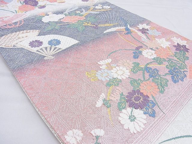 平和屋着物◎佐賀錦 六通柄袋帯 唐織 扇面花鳥文 金銀糸 逸品 BAAG6558xa
