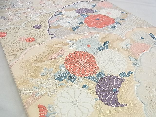 平和屋着物◎六通柄袋帯 唐織 雪輪青海波花文 九百錦 金銀糸 逸品 BAAG6574xa