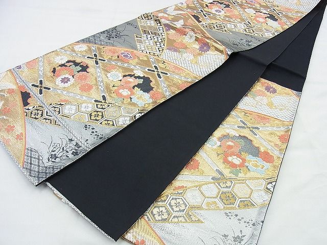 平和屋着物◎六通柄袋帯 唐織 菱天井雪輪花文 黒地 金銀糸 逸品 BAAG5991jm