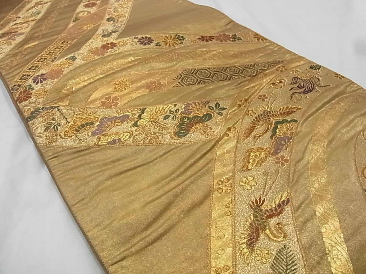平和屋着物■六通柄袋帯 唐織 草花飛鶴宝尽くし 金糸 正絹 逸品 A-sx6172