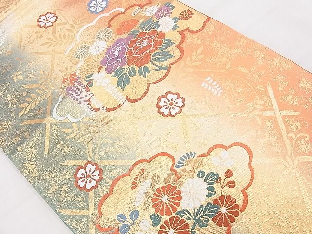 平和屋着物◎六通柄袋帯 唐織 雲取り花文 金糸 逸品 BAAH1078ns