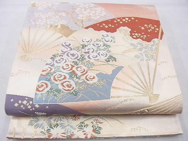 平和屋着物◎六通柄袋帯 唐織 扇面散らし花文 金銀糸 逸品 BAAG4506th