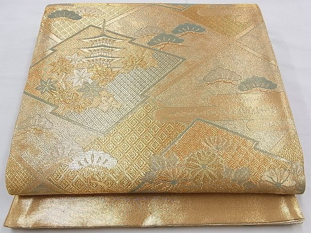 平和屋着物◎佐賀錦 六通柄袋帯 エ霞松皮菱風景文 金糸 逸品 BAAG4580th