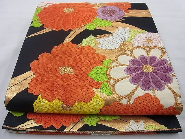 平和屋着物◎六通柄袋帯 唐織 草花文 黒地 金糸 逸品 BAAH2226cm