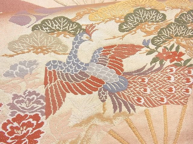 平和屋着物◎六通柄袋帯 唐織 扇面孔雀花文 金糸 逸品 BAAH2291cm