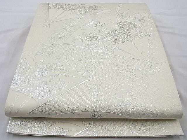 平和屋着物◎六通柄袋帯 扇面花文 銀糸 逸品 BAAH2278cm