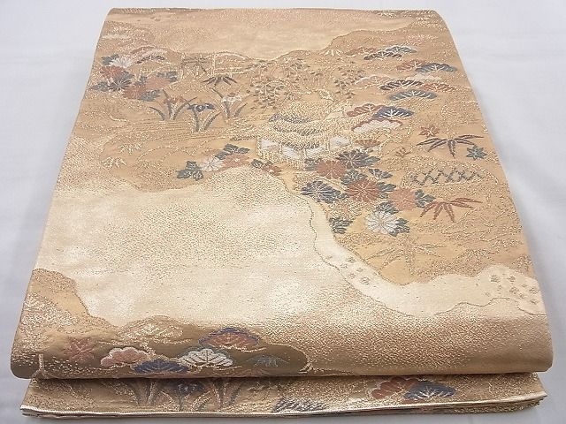平和屋着物◎六通柄袋帯 唐織 風景草花文 金糸 逸品 BAAH2334cm