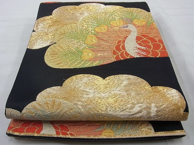 平和屋着物◎六通柄袋帯 孔雀 黒地 金銀糸 逸品 BAAH2324cm