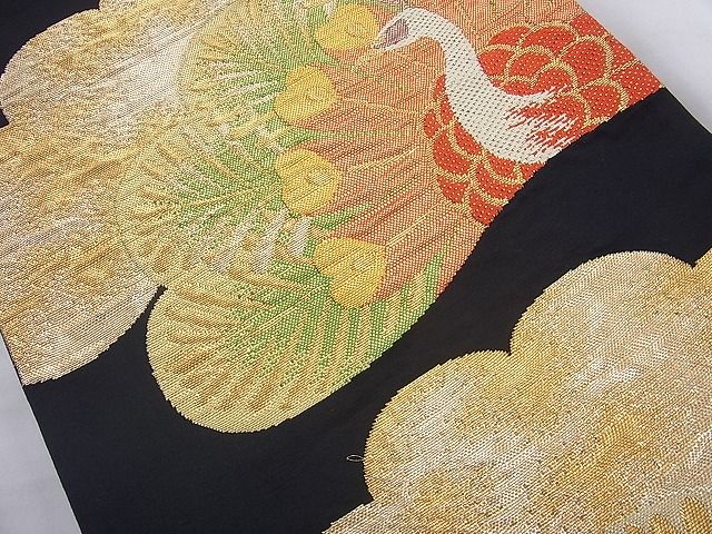 平和屋着物◎六通柄袋帯 孔雀 黒地 金銀糸 逸品 BAAH2324cm