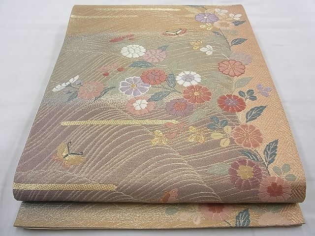平和屋着物◎六通柄袋帯 唐織 花蝶文 金糸 逸品 BAAH2337cm