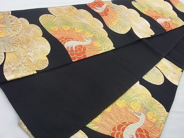 平和屋着物◎六通柄袋帯 孔雀 黒地 金銀糸 逸品 BAAH2324cm