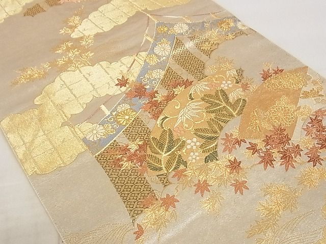 平和屋着物◎六通柄袋帯 地紙風景文 金糸 引箔 正絹 逸品 AAAI8340Ajz