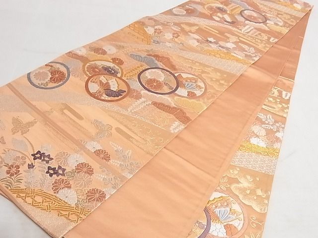 平和屋着物◎六通柄袋帯 唐織 花蝶丸文 金糸 正絹 逸品 AAAI6294Ajz