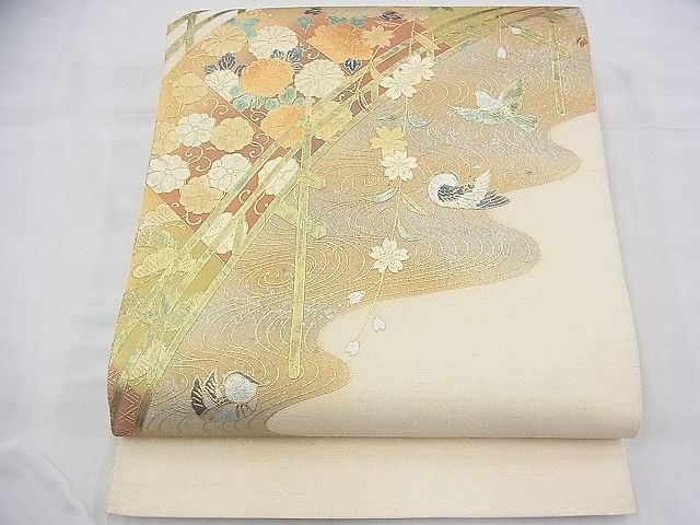 平和屋着物◎太鼓柄袋帯 流水渡橋花鳥文 金銀彩 逸品 BAAG8116fk
