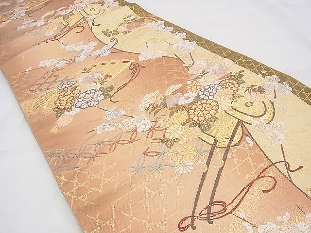 平和屋着物◎六通柄袋帯 唐織 檜扇花車文 金糸 逸品 BAAH5910fk