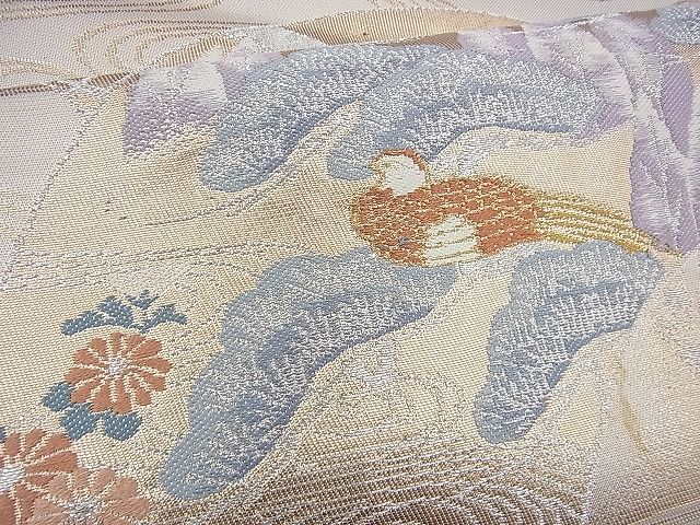 平和屋着物◎六通柄袋帯 唐織 地紙流し花鳥文 銀糸 逸品 BAAG8159fk