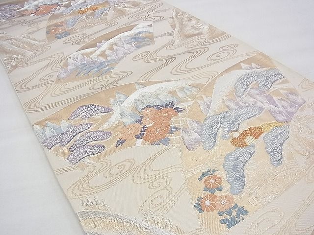 平和屋着物◎六通柄袋帯 唐織 地紙流し花鳥文 銀糸 逸品 BAAG8159fk