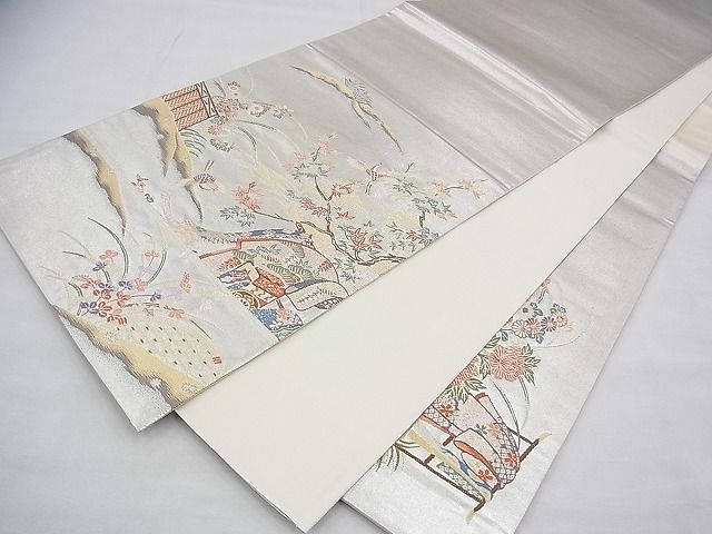平和屋着物◎太鼓柄袋帯 唐織 誰ヶ袖鶴文 プラチナ箔 逸品 BAAG8197fk