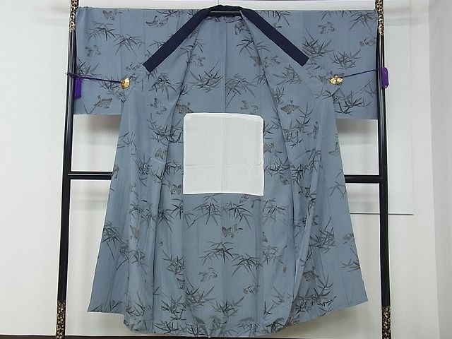 平和屋本店●極上 男性 本場結城紬 アンサンブル・長襦袢セット 網代織 雀 反端付き 逸品 CZAA0657s4
