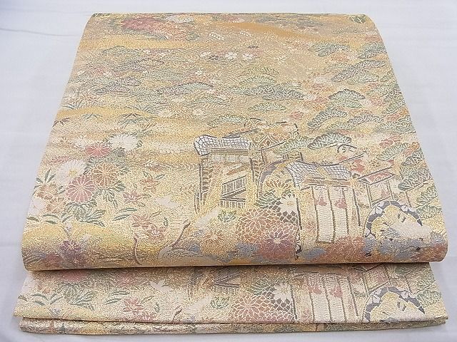 平和屋着物◎六通柄袋帯 御所車霞草花文 金糸 逸品 BAAH4047ea