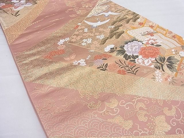 平和屋着物◎六通柄袋帯 唐織 裂取小花車文 金糸 逸品 BAAH4145ea