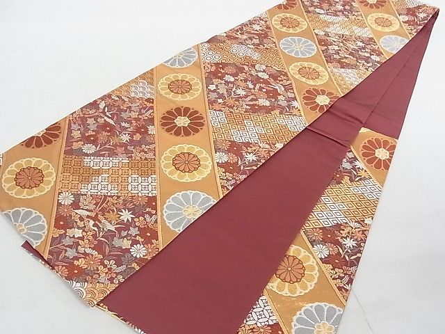 平和屋着物◎六通柄袋帯 唐織 斜線吉祥花鳥文 金糸 正絹 逸品 AAAI8761Ast