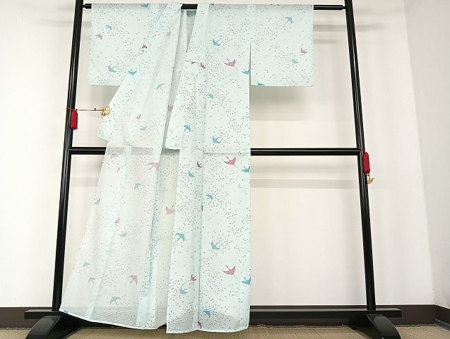 平和屋着物■夏物 小紋 絽 飛鶴文 洗える着物 AAAJ0660Bph