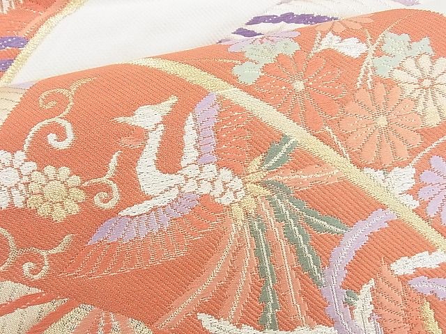 平和屋着物◎六通柄袋帯 唐織 扇面飛鶴花文 金銀糸 逸品 BAAG3186kj