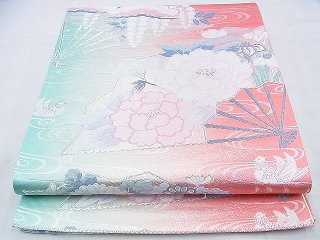 平和屋着物◎六通柄袋帯 唐織 鴛鴦扇面花文 銀糸 逸品 BAAH4402kj