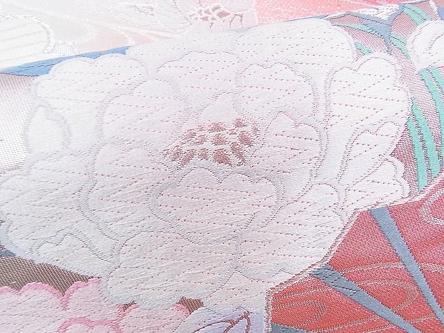 平和屋着物◎六通柄袋帯 唐織 鴛鴦扇面花文 銀糸 逸品 BAAH4402kj