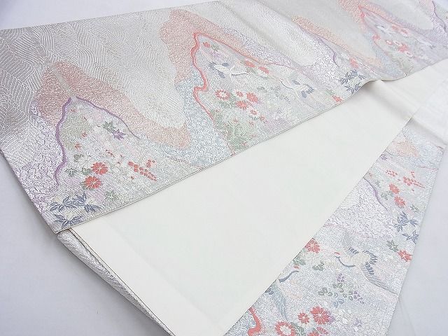 平和屋着物◎六通柄袋帯 唐織 飛鶴草花文 銀糸 逸品 BAAH1389wk