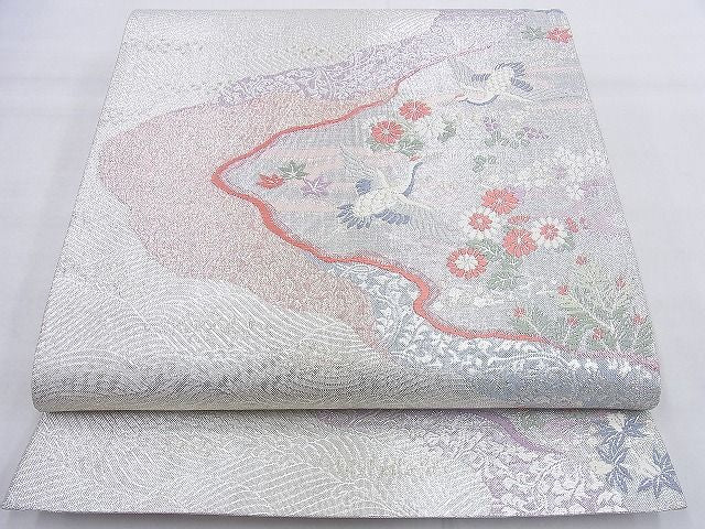 平和屋着物◎六通柄袋帯 唐織 飛鶴草花文 銀糸 逸品 BAAH1389wk