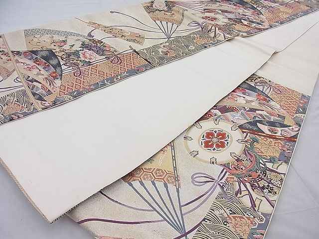平和屋着物■六通柄袋帯 唐織 扇面花鳥文 金糸 逸品 BAAH6653ea