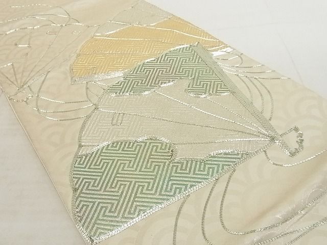 平和屋着物◎六通太鼓柄袋帯 駒刺繍 檜扇文 銀糸 正絹 逸品 AAAJ7006Apf