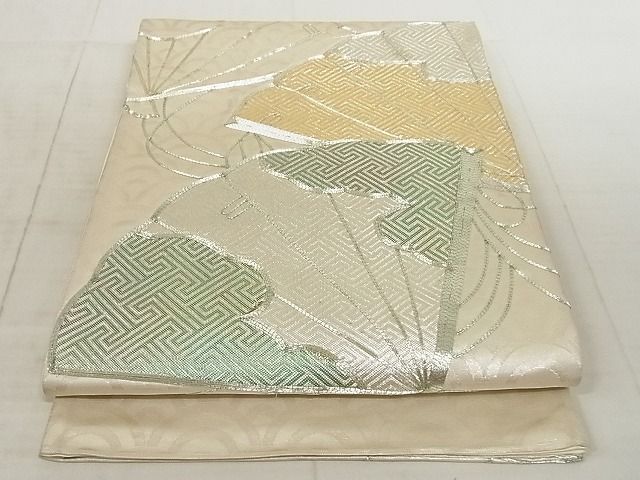 平和屋着物◎六通太鼓柄袋帯 駒刺繍 檜扇文 銀糸 正絹 逸品 AAAJ7006Apf