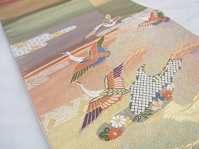 平和屋着物◎太鼓柄袋帯 唐織 飛鶴松エ霞文様 金銀糸 逸品 BAAG8924du