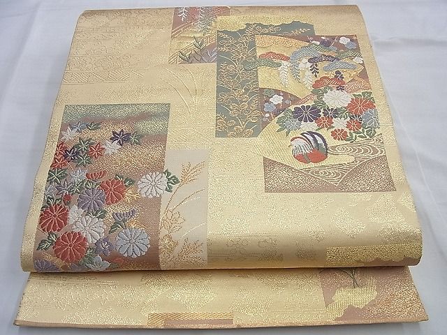 平和屋着物◎六通柄袋帯 唐織 短冊花鳥文 本うるし箔 金糸 逸品 BAAG8925du