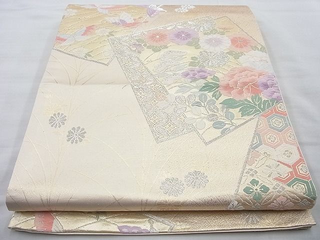 平和屋着物◎六通柄袋帯 唐織 色紙花蝶文 金銀糸 逸品 BAAH6015cm