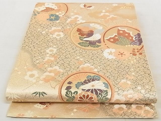 平和屋着物◎六通柄袋帯 唐織 道長花蝶丸文 金糸 正絹 逸品 AAAJ2896Ajz