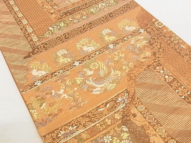 平和屋着物◎六通太鼓柄袋帯 道長鳳凰草花文 金糸 正絹 逸品 AAAJ2930Ajz