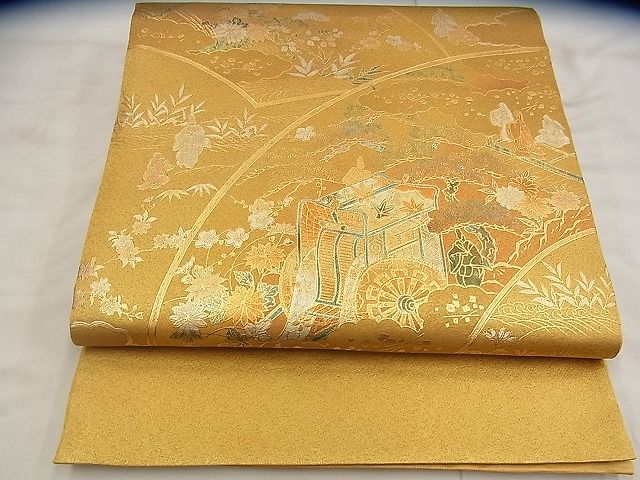 平和屋着物◎太鼓柄袋帯 御所車風景文 金彩 引箔 逸品 BAAG7665ui