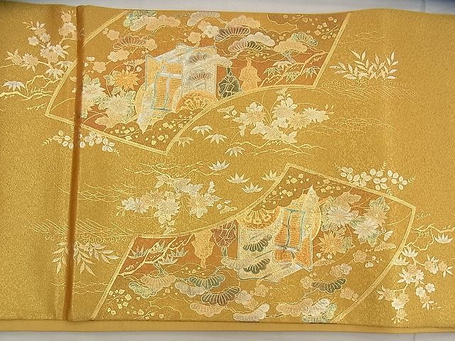 平和屋着物◎太鼓柄袋帯 御所車風景文 金彩 引箔 逸品 BAAG7665ui