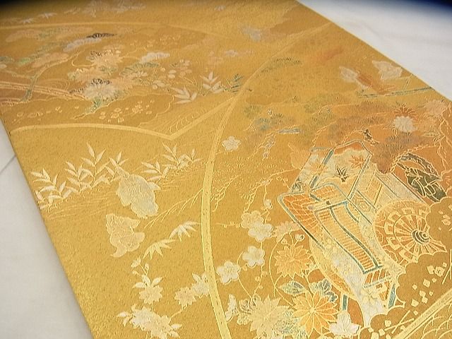 平和屋着物◎太鼓柄袋帯 御所車風景文 金彩 引箔 逸品 BAAG7665ui